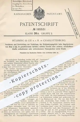 original Patent - Hülsberg & Cie mbH , Berlin Charlottenburg , 1905 , Schutz vor Entzündung beim Imprägnieren von Holz !