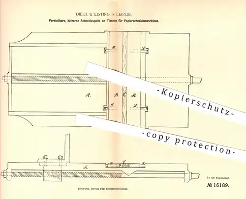 original Patent - Dietz & Listing , Leipzig , 1881 , Schneidespalte am Tisch für Papier - Schneidemaschinen | Buchbinder