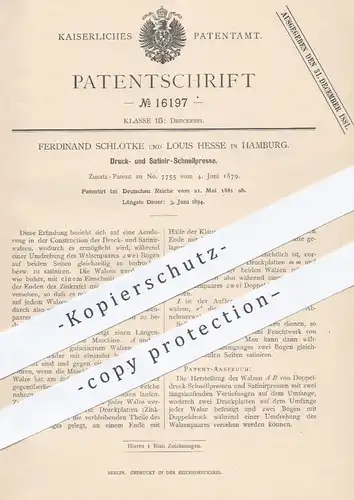 original Patent - F. Schlotke , Louis Hesse , Hamburg , 1881 , Presse für Druck u. zum Satinieren | Pressen , Buchdruck