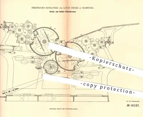 original Patent - F. Schlotke , Louis Hesse , Hamburg , 1881 , Presse für Druck u. zum Satinieren | Pressen , Buchdruck