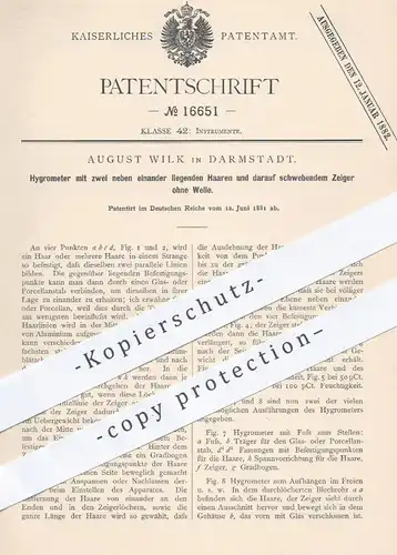 original Patent - August Wilk , Darmstadt , 1881 , Hygrometer | Haarhygrometer , Luchtfeuchtigkeit , Luft , Temperatur !