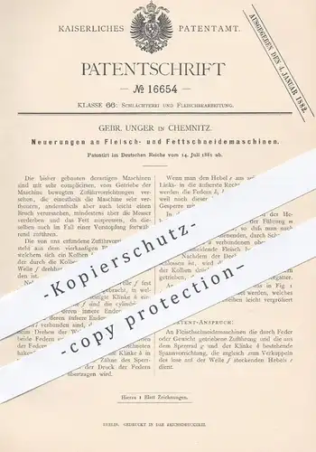 original Patent - Gebrüder Unger in Chemnitz , 1881 , Schneidemaschinen für Fleisch u. Fett | Fleischer , Schlachter !!