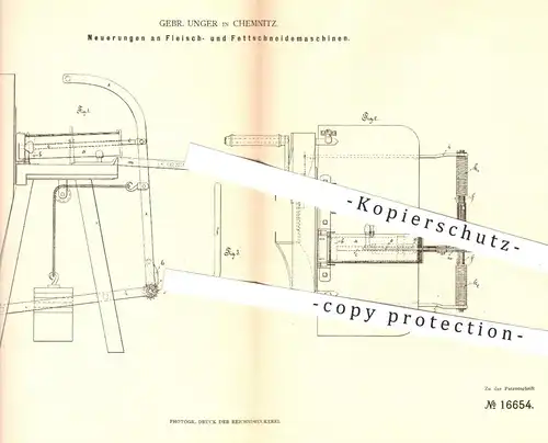 original Patent - Gebrüder Unger in Chemnitz , 1881 , Schneidemaschinen für Fleisch u. Fett | Fleischer , Schlachter !!