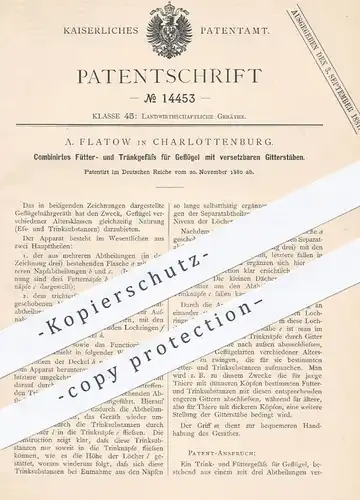 original Patent - A. Flatow , Berlin Charlottenburg , 1880 , Futtergefäß u. Tränke für Geflügel | Trinknapf , Tiere !!