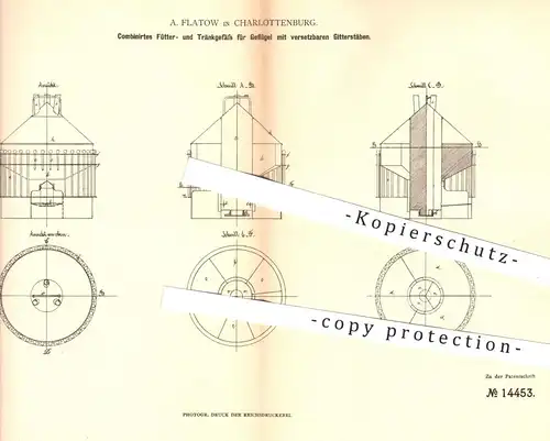 original Patent - A. Flatow , Berlin Charlottenburg , 1880 , Futtergefäß u. Tränke für Geflügel | Trinknapf , Tiere !!