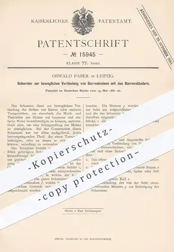 original Patent - Oswald Faber , Leipzig , 1881 , Scharnier für Barrenholm am Barren | Sport , Turnen , Turngerät !!