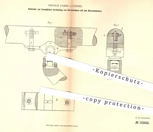 original Patent - Oswald Faber , Leipzig , 1881 , Scharnier für Barrenholm am Barren | Sport , Turnen , Turngerät !!