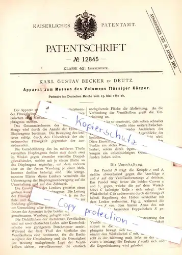 original Patent - Karl Gustav Becker in Deutz , 1880 , Apparat zum Messen des Volumens flüssiger Körper !!!