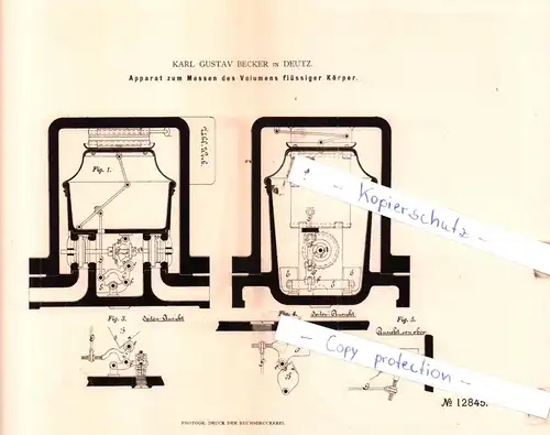 original Patent - Karl Gustav Becker in Deutz , 1880 , Apparat zum Messen des Volumens flüssiger Körper !!!