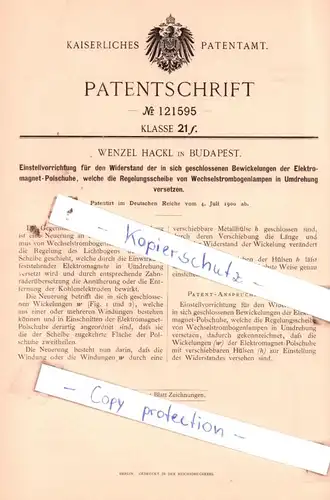 original Patent - W. Hackl in Budapest , 1900 , Einstellungsvorrichtung für Elektromagnet-Polschuhe !!!