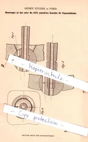 original Patent - Henry Studer in Paris , 1880 , Neuerungen an dem Geschütz für Panzerbatterien !!!