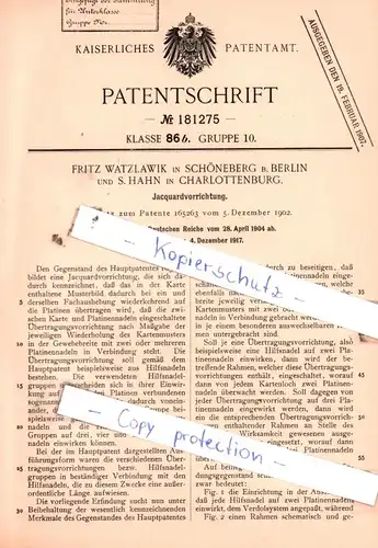 original Patent - Fritz Watzlawik in Schöneberg und S. Hahn in Charlottenburg , 1904 , Jacquardvorrichtung !!!