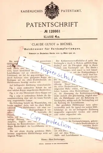 original Patent - Claude Guyot in Brüssel , 1901 ,  Heizbrenner für Verdampferlampen !!!