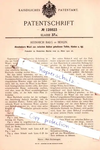 original Patent - Heinrich Balg in Berlin , 1900 , Abnehmbare Wand aus zwischen Balken gehaltenen Tafeln !!!