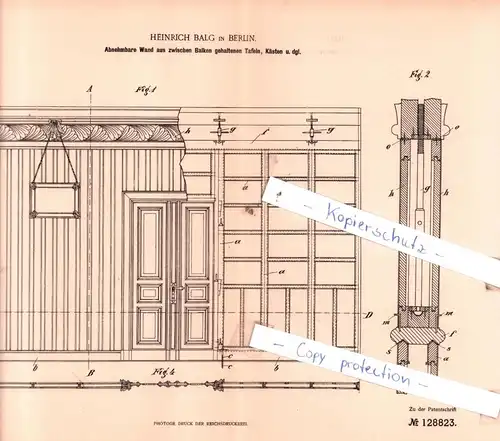 original Patent - Heinrich Balg in Berlin , 1900 , Abnehmbare Wand aus zwischen Balken gehaltenen Tafeln !!!