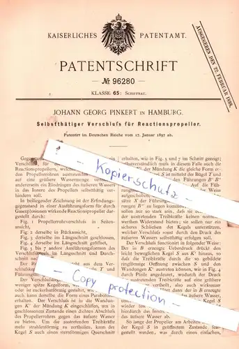 original Patent - Johann Georg Pinkert in Hamburg , 1897 , Selbstthätiger Verschluß für Reactionspropeller !!!