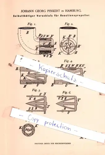 original Patent - Johann Georg Pinkert in Hamburg , 1897 , Selbstthätiger Verschluß für Reactionspropeller !!!