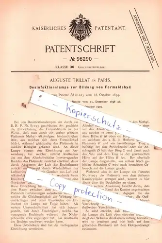 original Patent - Auguste Trillat in Paris , 1896 , Desinfektionslampe zur Bildung von Formaldehyd !!!