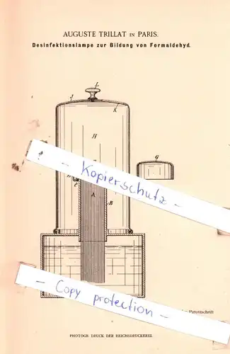 original Patent - Auguste Trillat in Paris , 1896 , Desinfektionslampe zur Bildung von Formaldehyd !!!