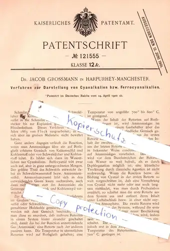 original Patent -  Dr. Jacob Grossmann in Harpurhey-Manchester , 1900 , Darstellung von Cyanalkalien !!!