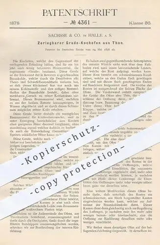 original Patent - Sachsse & Co. , Halle / Saale , 1878 , Zerlegbarer Grude - Kochofen aus Ton | Kochherd , Herd , Ofen !