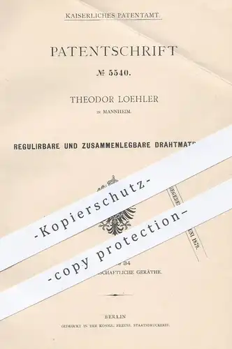original Patent - Th. Loehler , Mannheim , 1878 , zusammenlegbare Draht - Matratze | Matratzen , Bett , Betten , Möbel !