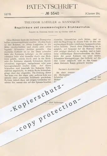 original Patent - Th. Loehler , Mannheim , 1878 , zusammenlegbare Draht - Matratze | Matratzen , Bett , Betten , Möbel !