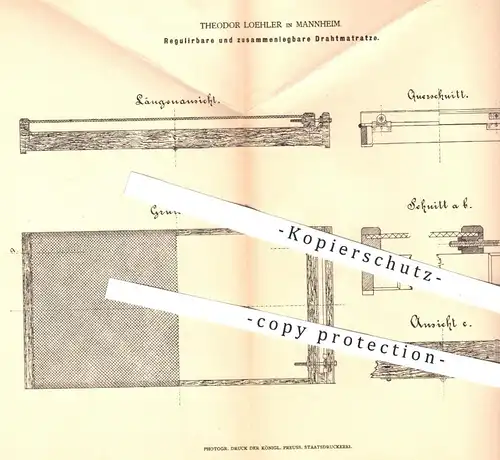 original Patent - Th. Loehler , Mannheim , 1878 , zusammenlegbare Draht - Matratze | Matratzen , Bett , Betten , Möbel !