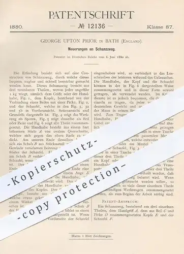 original Patent - George Upton Prior , Bath , England 1880 , Schanzzeug | Werkzeug , Schaufel , Picke , Spaten , Militär