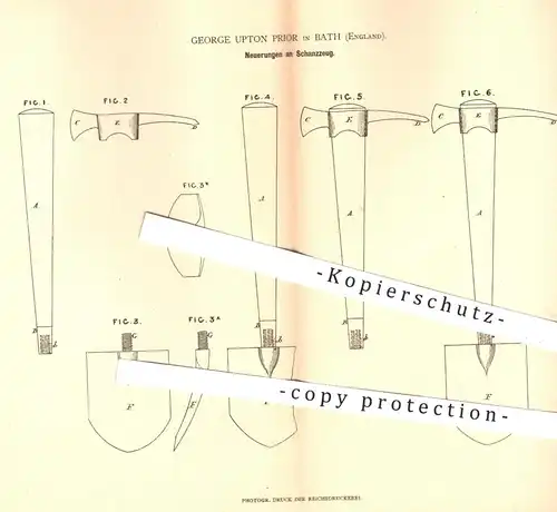 original Patent - George Upton Prior , Bath , England 1880 , Schanzzeug | Werkzeug , Schaufel , Picke , Spaten , Militär