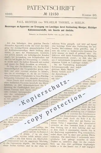 original Patent - Paul Richter , W. Triebel , Berlin , 1880 , Erzeugung von Leuchtgas | Gas , Gase , Gasolin , Licht !!!