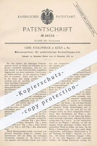 original Patent - Gebr. Stollwerck , Köln / Rhein , 1887 , Münzensortierer für Verkaufsautomat | Schokolade , Münzen !