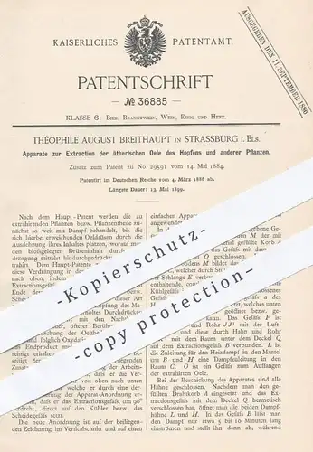 original Patent - Théophile Aug. Breithaupt , Strassburg Elsass , 1886 , Extraktion der Öle von Hopfen u. Pflanzen !!!