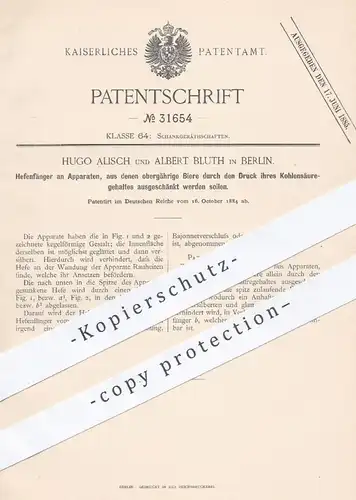 original Patent - Hugo Alisch , Albert Bluth , Berlin , 1884 , Hefenfänger zum Ausschank von Bier | Zapfhahn , Biere !!!