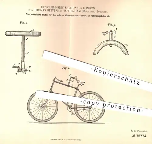 original Patent - Henry Brinsley Sheridan , London , Th. Beevers , Tottenham Middlesex England 1893 , Fahrrad - Rahmen !