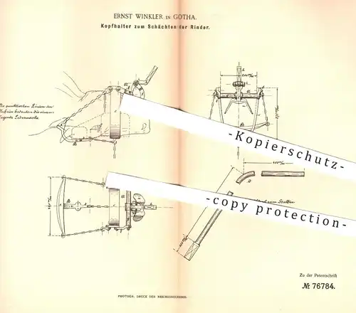original Patent - Ernst Winkler , Gotha 1893 , Kopfhalter zum Schächten der Rinder | Schlachter , Fleischer , Schlachten