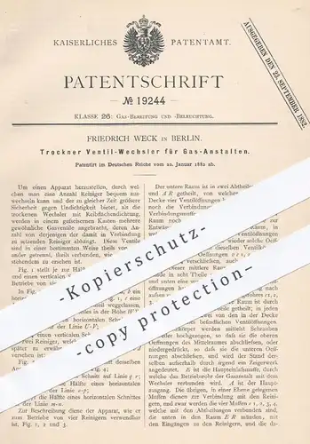 original Patent - Friedrich Weck in Berlin , 1882 , Trockner Ventil - Wechsler für Gasanstalten | Gas , Beleuchtung !!!