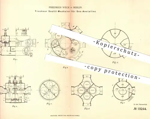 original Patent - Friedrich Weck in Berlin , 1882 , Trockner Ventil - Wechsler für Gasanstalten | Gas , Beleuchtung !!!