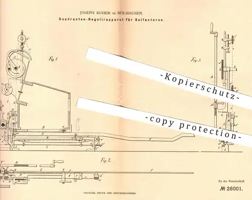 original Patent - Joseph Ruher , Mülhausen , 1883 , Quadranten - Regulierer für Selfaktoren | Spinnrad , Spinnen !!!