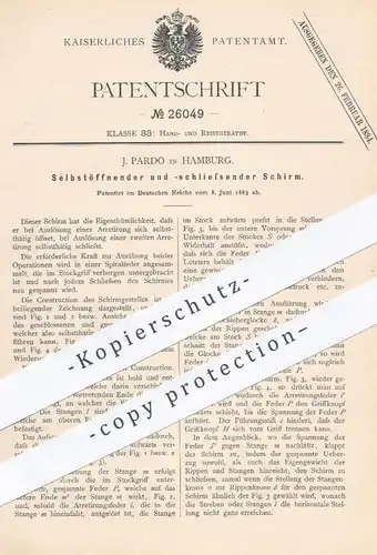 original Patent - J. Pardo in Hamburg , 1883 , Selbstöffnender u. selbstschließender Schirm | Regenschirm , Sonnenschirm