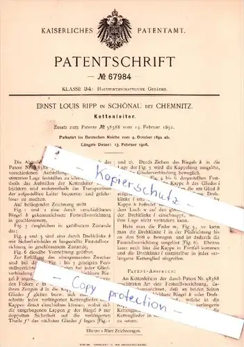 Original Patent  - Ernst Louis Ripp in Schönau bei Chemnitz , 1892 , Kettenleiter !!!