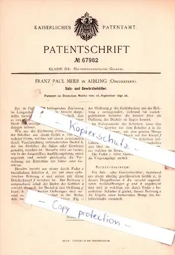 Original Patent  - Franz Paul Meier in Aibling , Oberbayern , 1892 , Salz- und Gewürzbehälter !!!