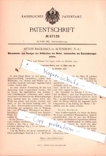 Original Patent  - Anton Backhaus in Altenburg , S.-A. , 1892 , Eisenbahnbetrieb !!!
