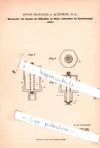 Original Patent  - Anton Backhaus in Altenburg , S.-A. , 1892 , Eisenbahnbetrieb !!!