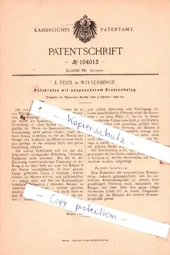 Original Patent  - E. Felix in Wittenberge , 1898 , Spinnerei !!!