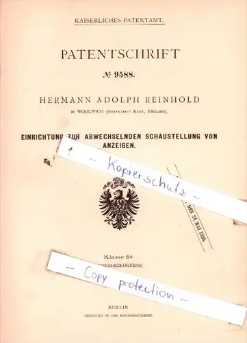 Original Patent  - Hermann Adolph Reinhold in Woolwich , 1879 ,  Schaustellung von Anzeigen !!!