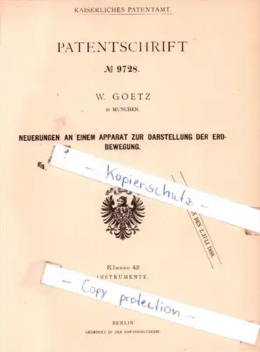 Original Patent  - W. Goetz in München , 1879 , Apparat zur Darstellung der Erdbewegung !!!