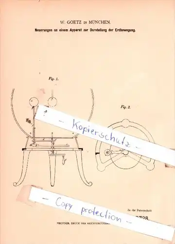 Original Patent  - W. Goetz in München , 1879 , Apparat zur Darstellung der Erdbewegung !!!