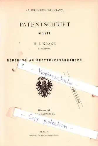 Original Patent  -  H. J. Kranz in Hmburg , 1879 , Neuerung an Brettchenvorhängen !!!