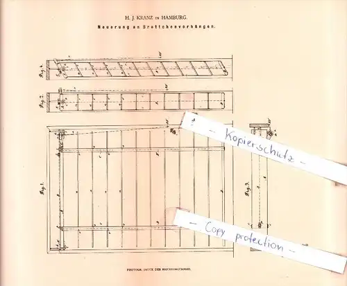 Original Patent  -  H. J. Kranz in Hmburg , 1879 , Neuerung an Brettchenvorhängen !!!